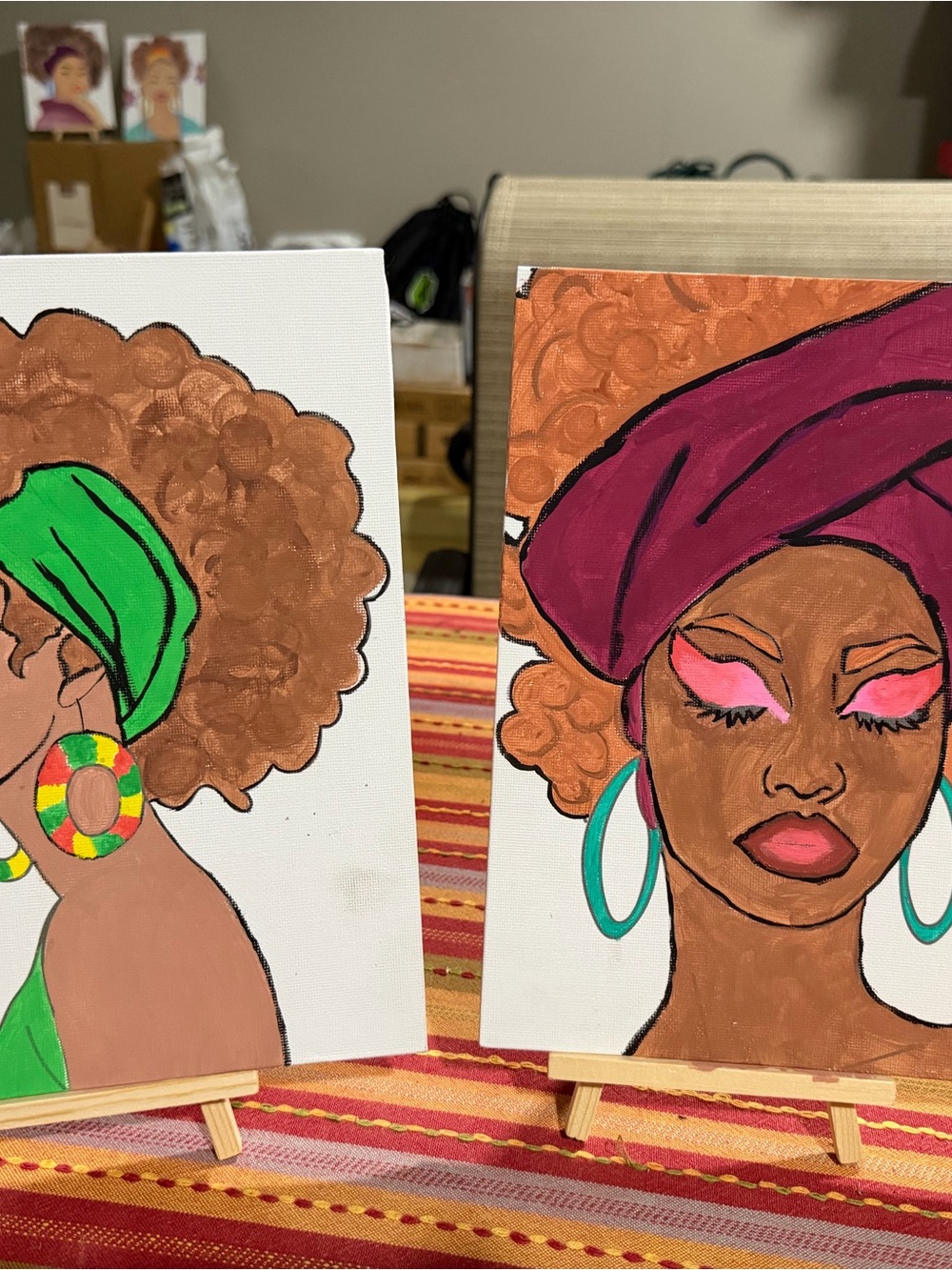 Afrocentric Duo Canvas Paintings - Green & Magenta Headwraps
